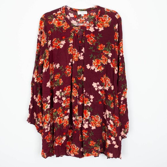 Umgee Womens Floral Keyhole Blouse Size 1XL Long Bell Sleeves Whimsigoth Flowy - Picture 1 of 9